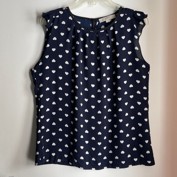 LOFT Tops - Loft Sleeveless Navy Blouse with White Hearts Medium
